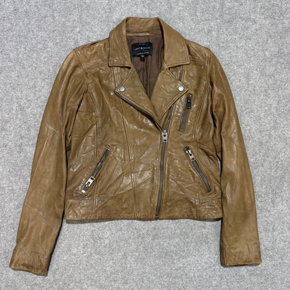 Lucky Brand Womens Tan Lamb Leather Moto Biker Jacket Small Asymmetrical Zip